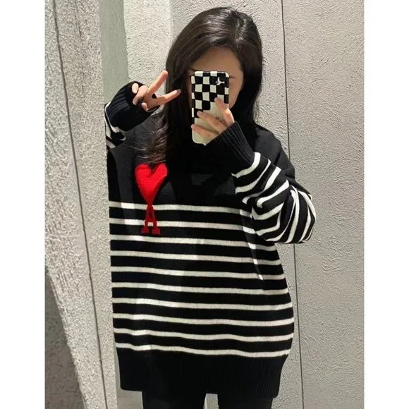 Ami Black Stripe Heart Embroidered Wool Turtleneck Long Sleeve Knit Sweater